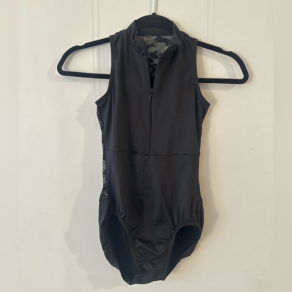 Natalie Black Lace Mock Neck Leotard - Small - Zip Up Ballet Jazz